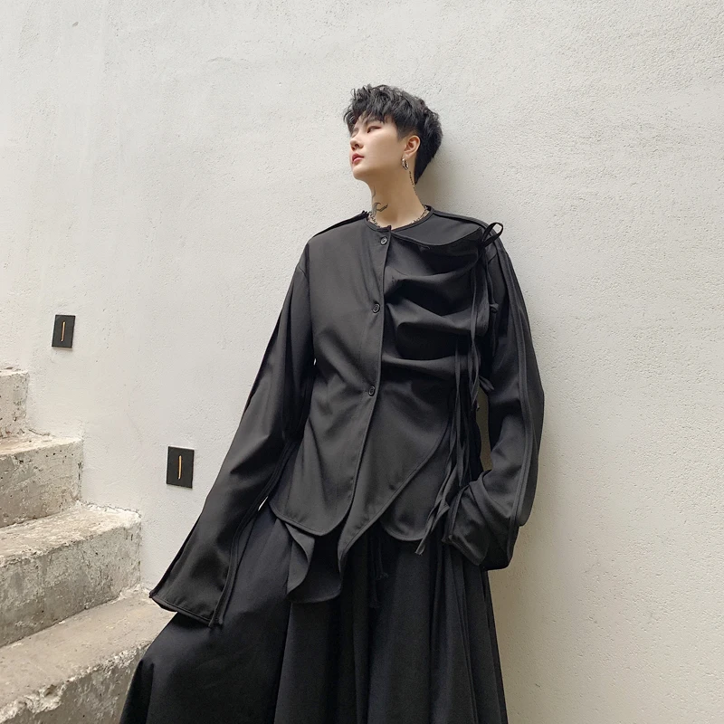 Men Fold Irregular Ribbon Splice Long Sleeve Casual Black Shirt Male Japan Style Streetwear Punk Gothic Shirts Stage Clothing