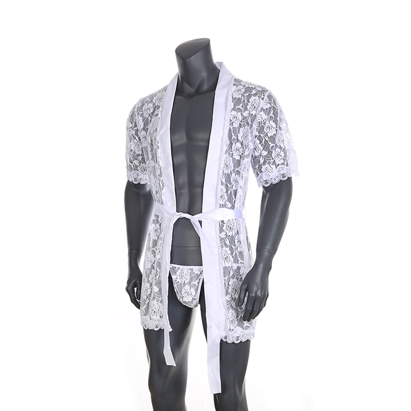 S-2XL Men Lace See-Through Floral Loose T-back Belt Long Nightgown Sleepwear Smooth Comfortable Short Sleeve Bathrobe