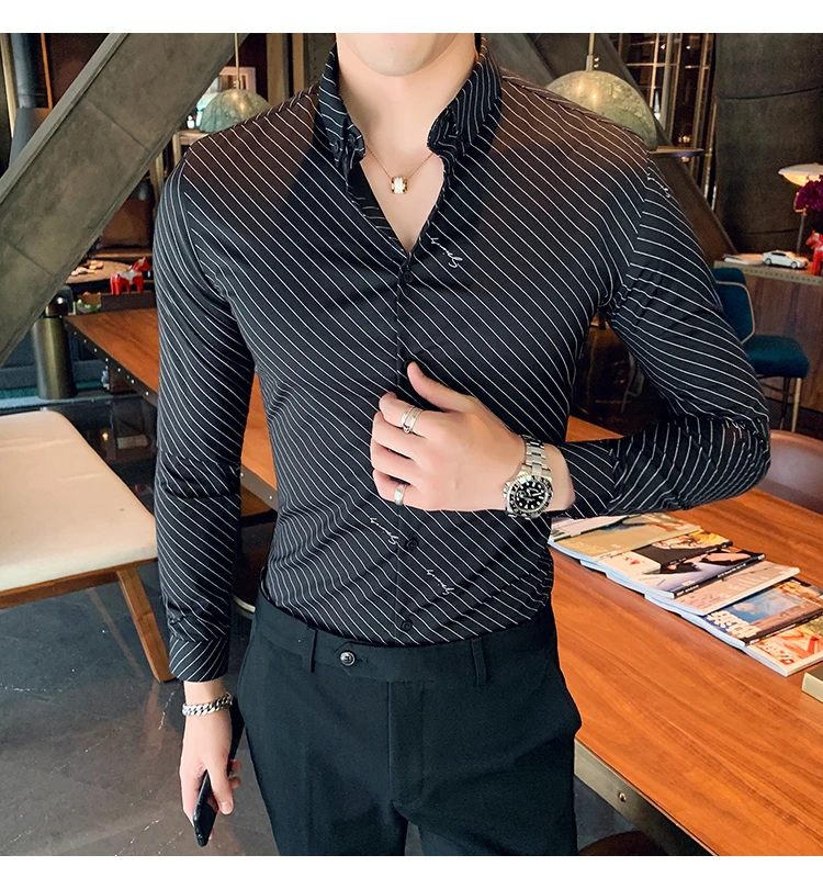 Chemise Homme британский стиль Для мужчин рубашка в полоску с длинными рукавами, высокое качество, отложной воротник, деловая, общественная рубашки Для мужчин клубный костюм-смокинг