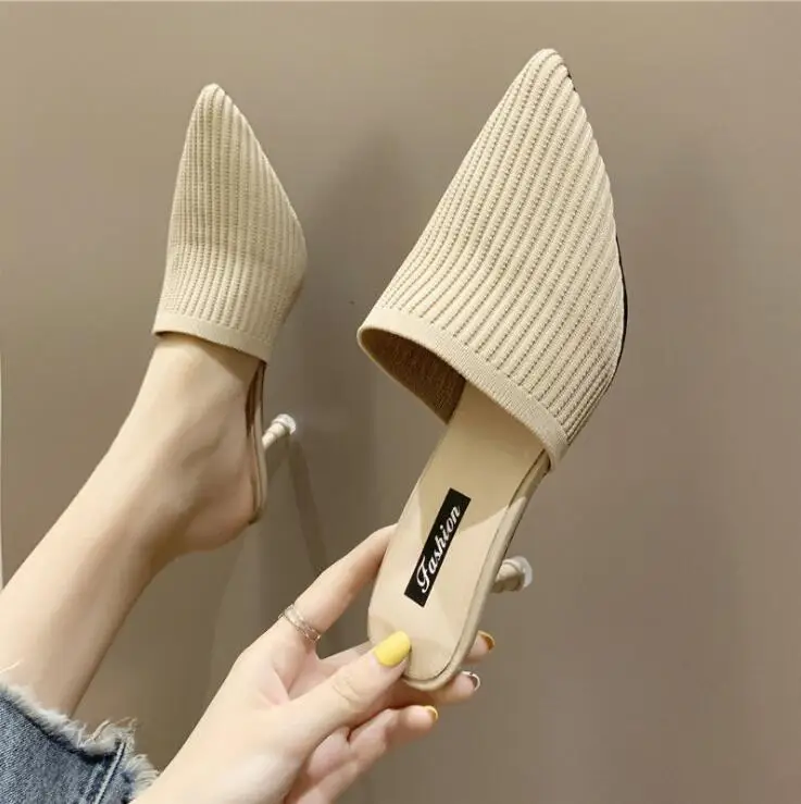 

Fly Weaving Muller Shoes Stiletto High Heels Women's Summer Sandals High Heels Stretch Fabric Pointed Toe Sandals and Slippers
