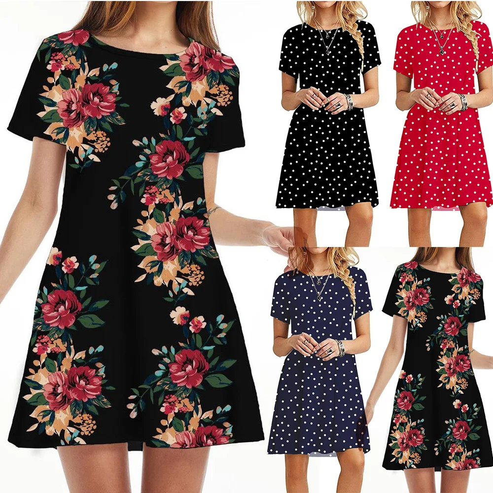 

Women Summer Short Sleeve Mini Dress Bohemia Beach Holiday Casual Loose Dot Floral Print Swing Sundress