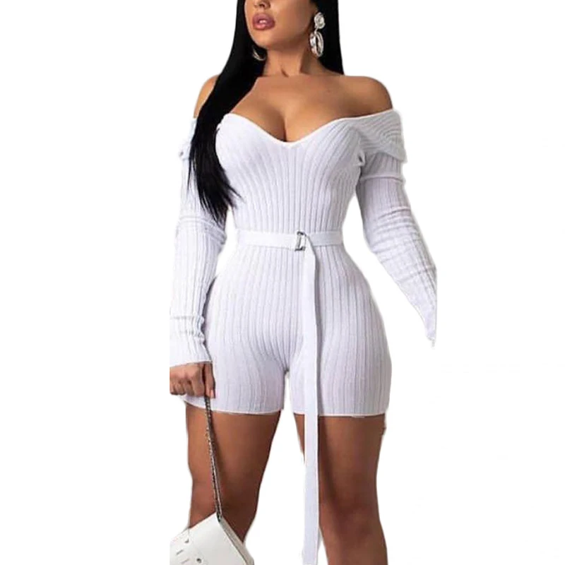 Women Knit Bodycon Off Shoulder Belted Playsuit Sexy Casual Chic Rompers Female Summer Fall Streetwear Overalls | Женская одежда