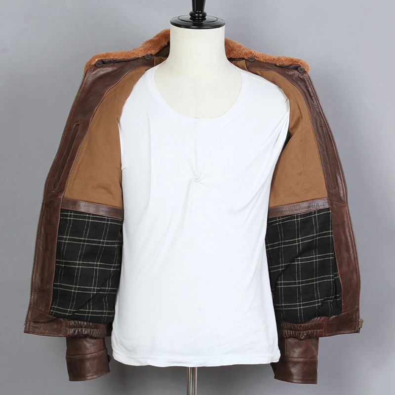 Мужская куртка бомбер из натуральной воловьей кожи с меховым воротником|Мужские
