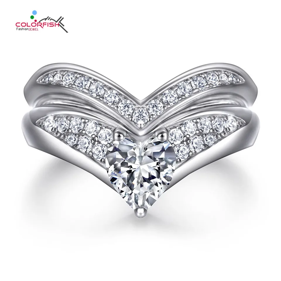 

COLORFISH Fashion V Shape Love Heart Combination Ring Set For Women 0.75ct Sona 925 Sterling Silver Engagement Wedding Jewelry