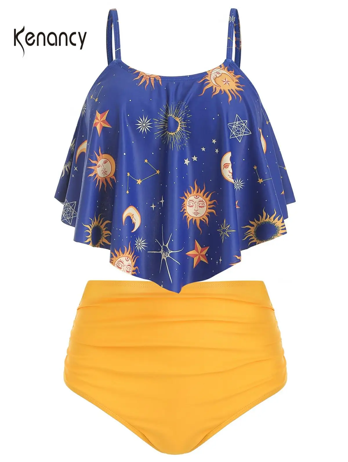 Купальник Танкини с рюшами и принтом Солнца Луны пляжная одежда летний комплект
