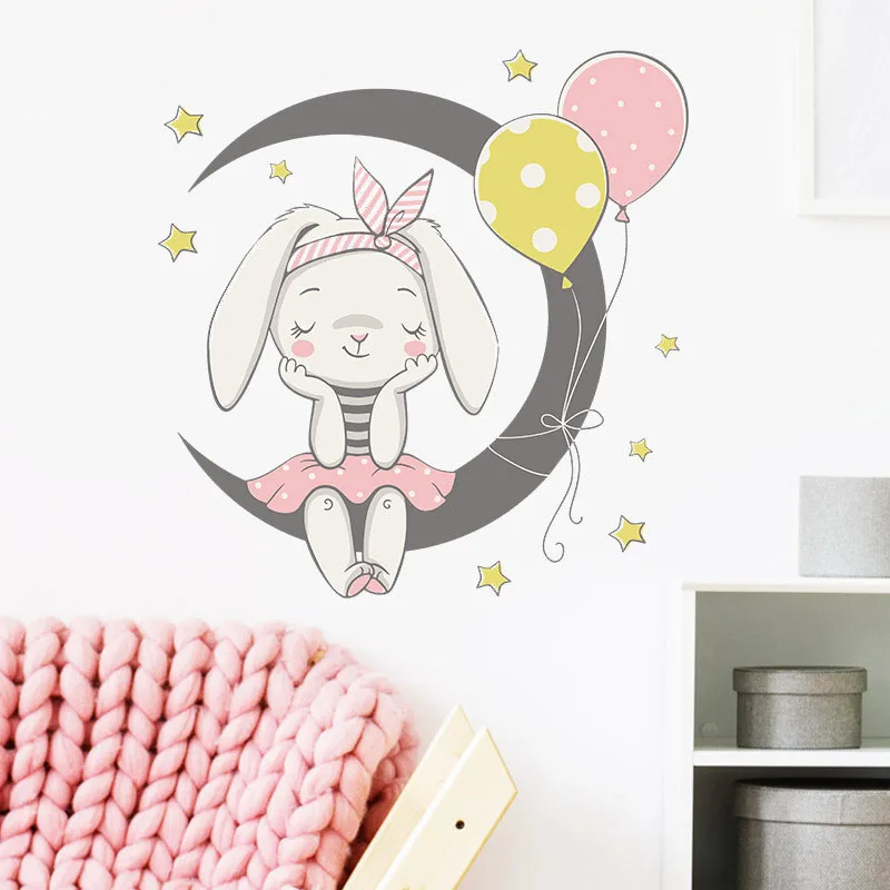 

Cartoon Moon Bunny Wall Stickers kids girls room Home Decor wallpaper Bedroom living room background beautify decoration sticker