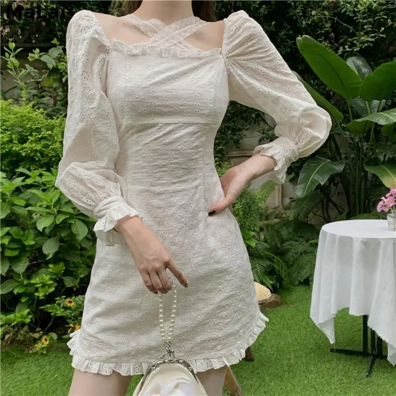 

Lace Mini Dress Women Casual Personality Long Sleeve One-Piece Dress Female Autumn Clothing 2021 Korean Elegant Party Y2k Dress