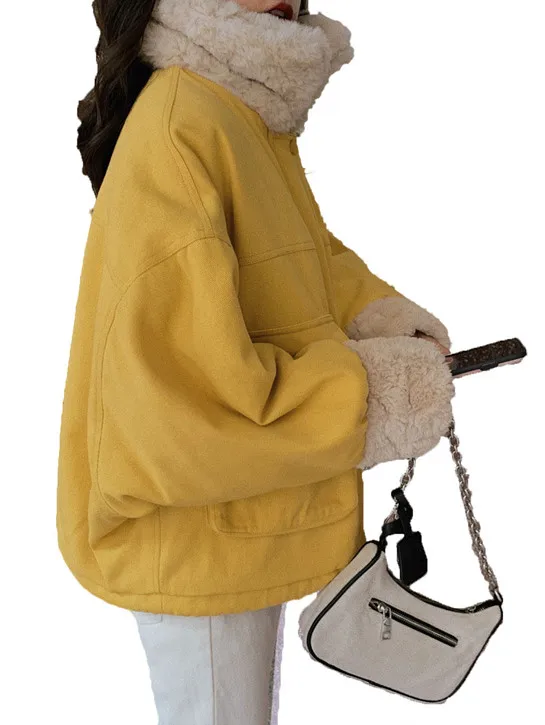 

Women Cotton Coat Warm Lamb Wool Coat Long Sleeve Pocket Zipper Cotton Clothing