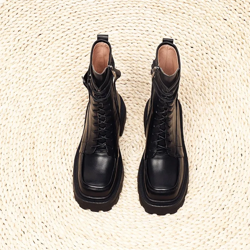 

Motorcycle Block Med Heels Thick Platform Ankle Boots Women Punk Lace Up Square Toe Genuine Leather Cargo Boots Fashion Shoes