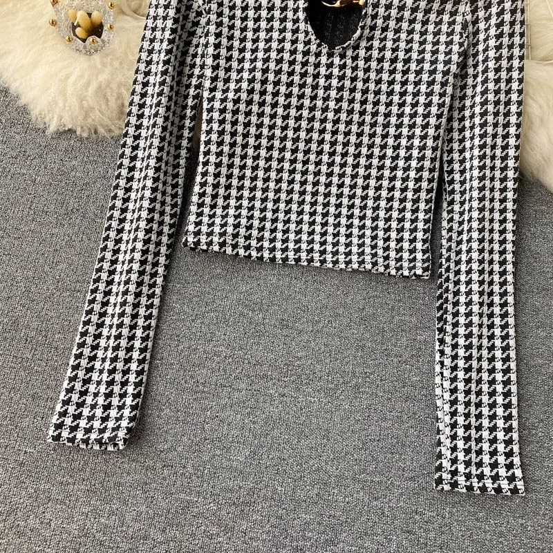 

Women Korean Houndstooth Blouse Spring Hollow Out O Neck Long Sleeve Short Tops New Style Slim All-match Blouses
