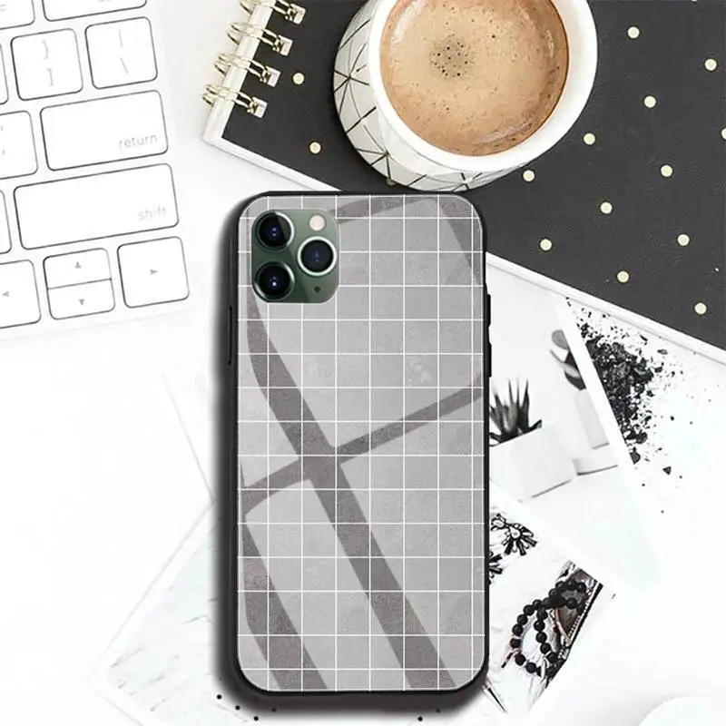 

Plaid Checkerboard grid Black Phone Case For Iphone 11 Pro MAX XR X 7 8Plus SE2020 DIY Shockproof Glass Soft Silicone Edge