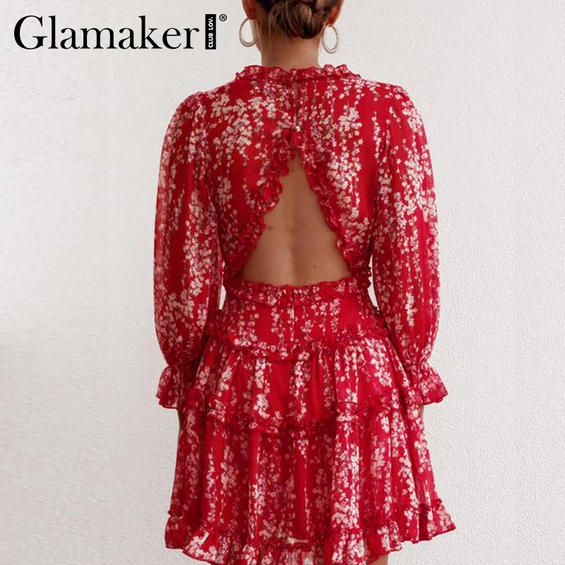 Glamaker, сексуальное платье с принтом, с рюшами, для женщин, Осенние, вечерние, короткое, элегантное платье, зима, фонарь, рукав, v-образный вырез, бодикон, платье с цветочным рисунком