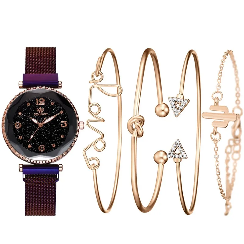 Purple Set 5 шт./компл. Роскошные Для женщин часы браслет звездное небо магнит часы Дамская мода кварцевые часы комплект женские наручные часы Relogio Feminino - Цвет: Purple Set