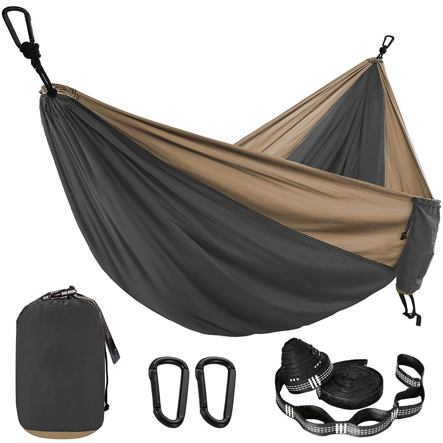 Hamaca de paracaídas de Color sólido con correas de hamaca y mosquetón negro para acampar, supervivencia, viaje para dos personas, muebles de exterior
