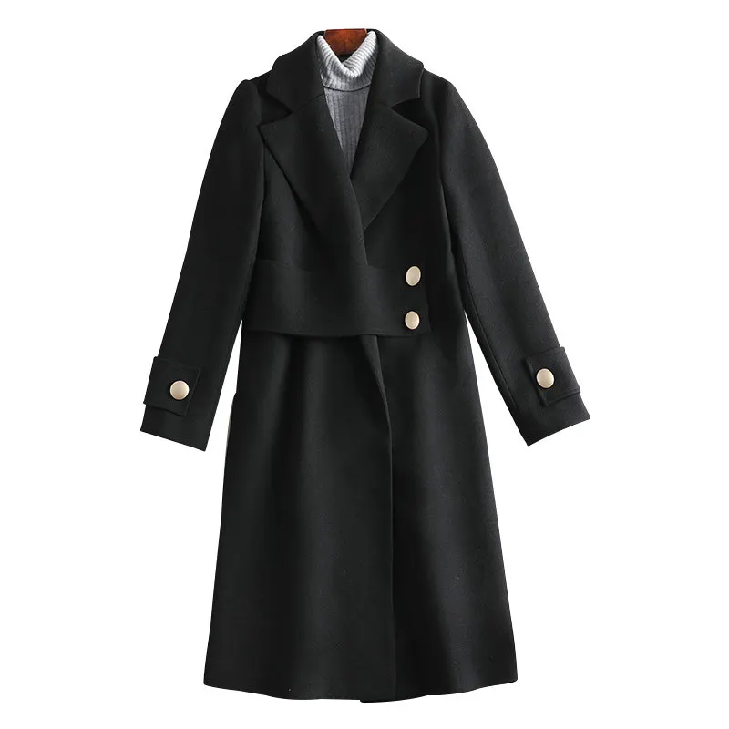 

Large Size Black Coat Ladies V-neck Corset Belt Long Wool Coat Elegant Office Lady New Winter Series
