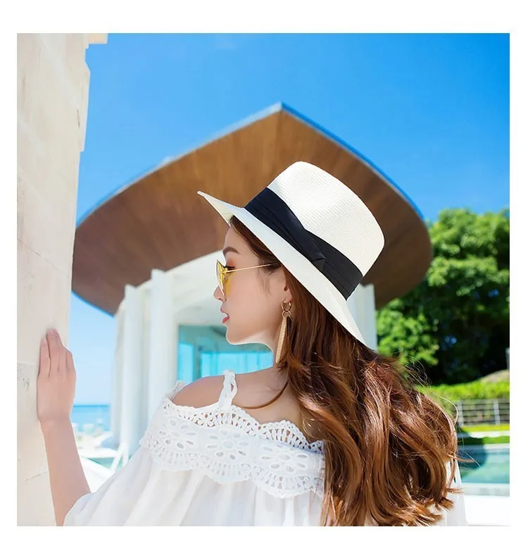 

jiangixhuitian 2020 Summer unisex sun hat casual vacation Panama straw hat women wide brim Beach jazz men hats Foldable Chapeau