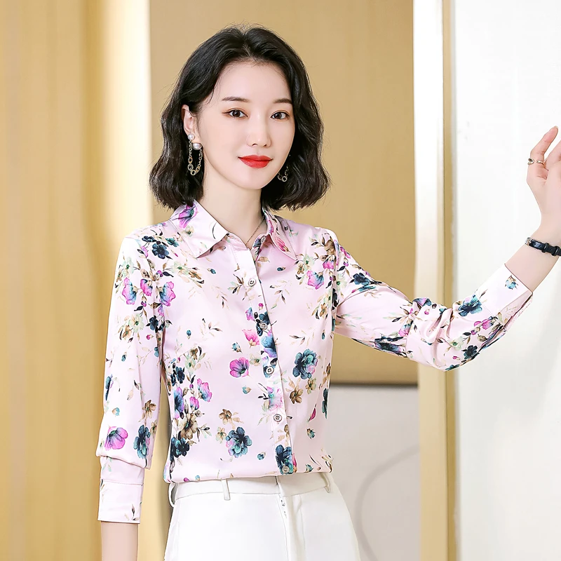 

Silk Satin Loose Women's Shirts New Fashion Blouses Flower Print Polo Shirts Autumn Casual Long Sleeve Blusas Houthion