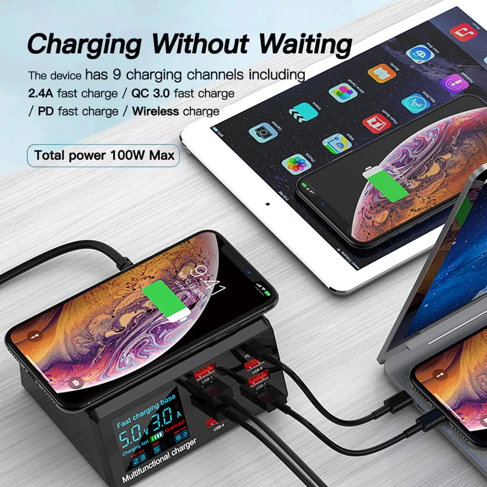 aixxco 100w wireless usb charger dock 18w pd qc3 0 fast charger station smart led display 8 ports usb for samsung huawei iphone free global shipping