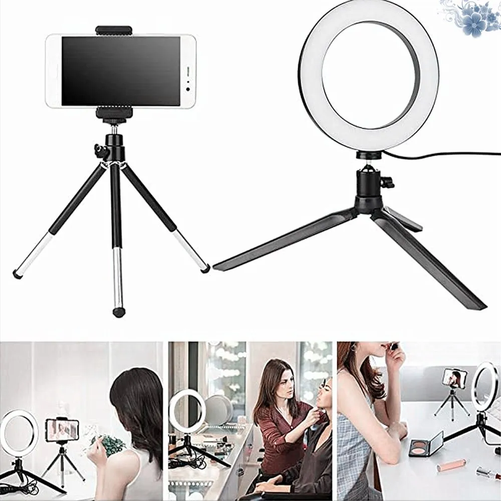 Live Broadcast Dimmable Desktop 16cm (6.3 inches) Ring LED Light Mobile Phone Beauty Selfie Photography Fill Light Phone Holder