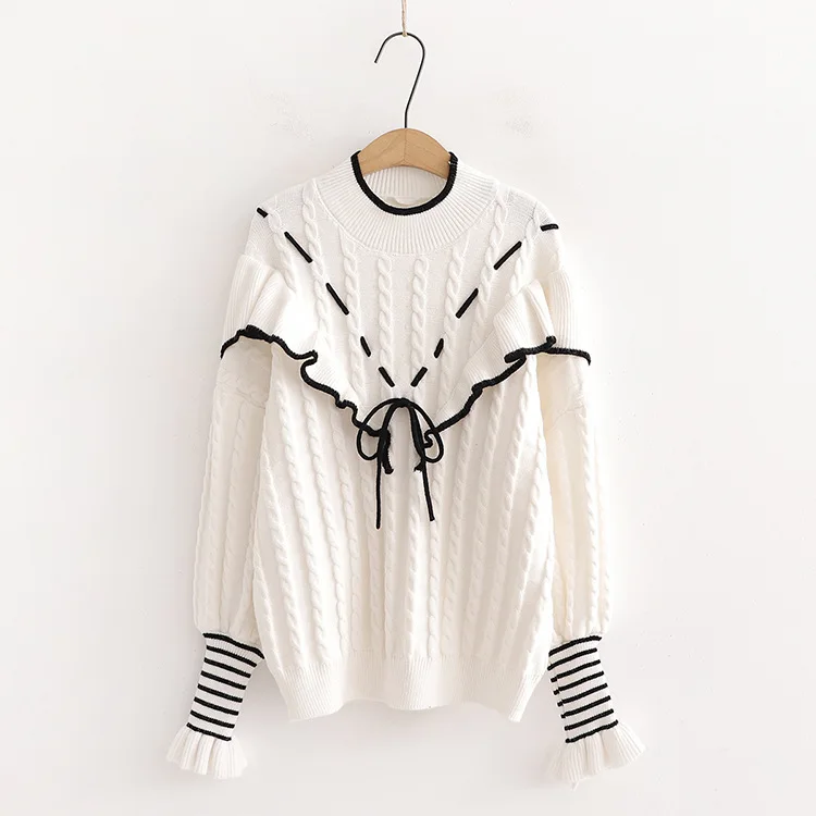 

Милый сезон, новинка, литературные вязаные пуловеры с оборками, маленькие жаккардовые вязаные пуловеры с высоким воротником для женщин