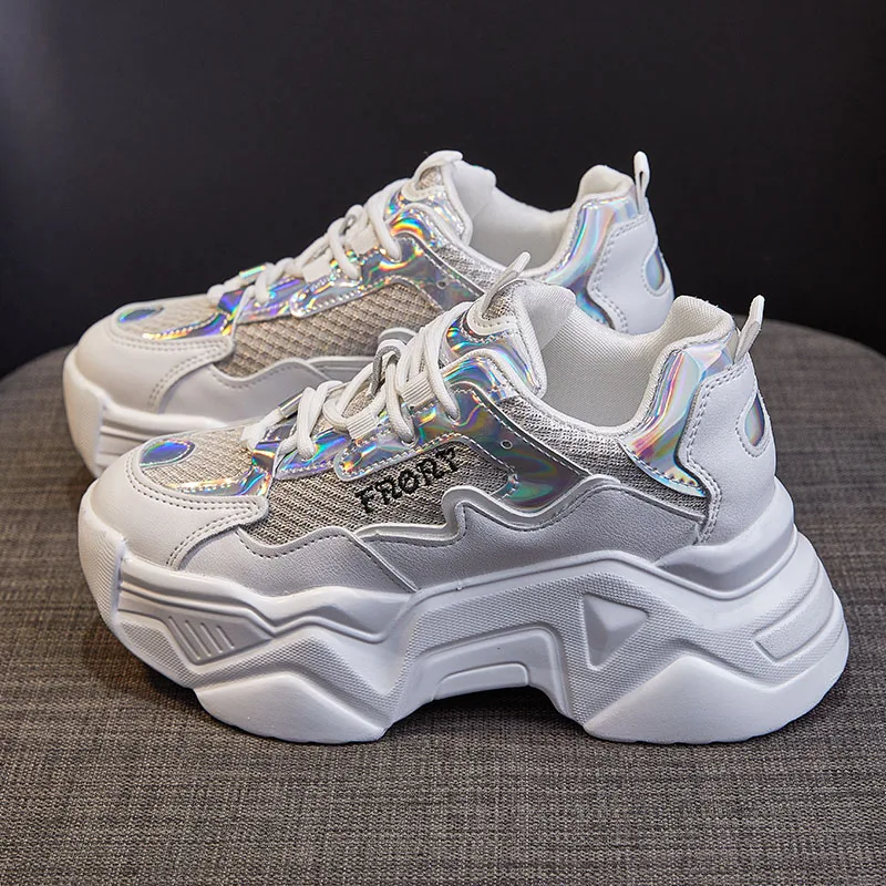 

Original Ladies Vulcanized Shoes Chunky Platform Outdoor Leisure Sports Shoes Color Patent Leather Wedges Sneakers