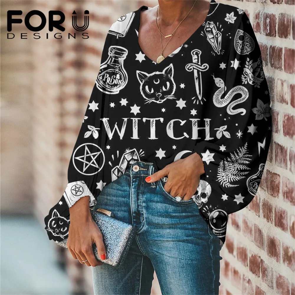

FORUDESIGNS Witch and Black Cat Printed Blouses Women Casual Shirt Plus Size Loose Tops Long Sleeve Female Chothing Blusas Mujer