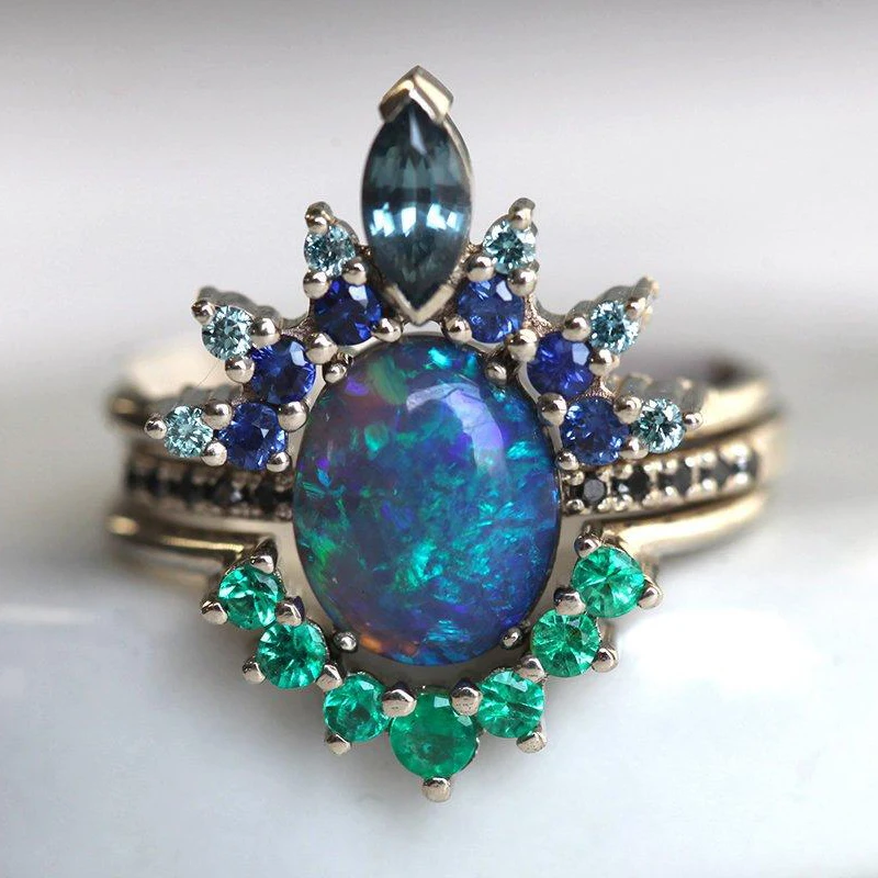 

Exquisite Flower Crystal Blue Fire Opal Stone Rings Ladies Charm Green Blue Zircon Joint Stacking Wedding Rings 3pcs/set Z5M544