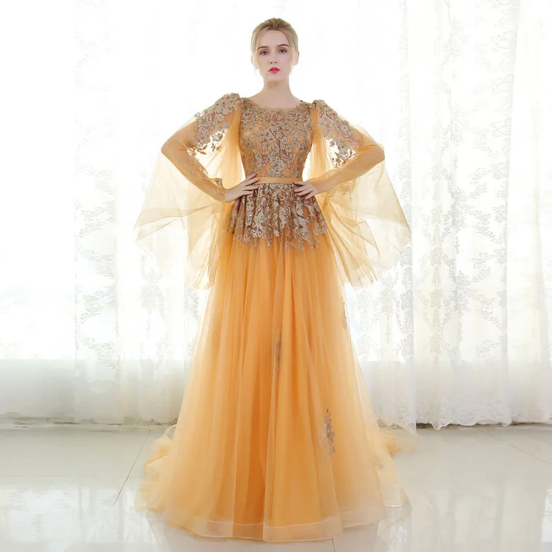 

Элегантное золотистое вечернее платье с прозрачными рукавами, кружевное платье с лифом, вечерние платья для женщин, вечернее платье, платья...