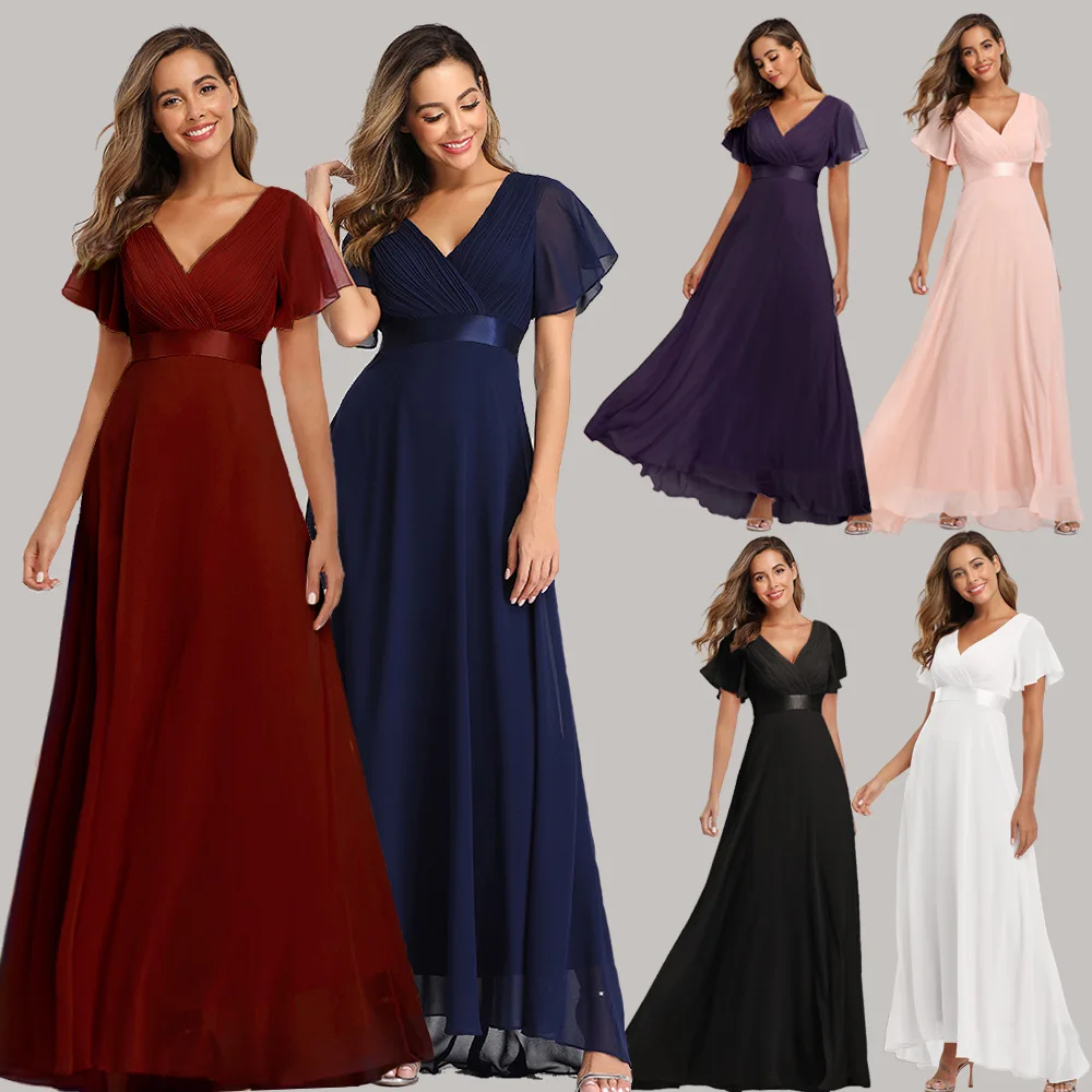 Платье женское длинное шифоновое с V-образным вырезом и юбкой-годе | Женская