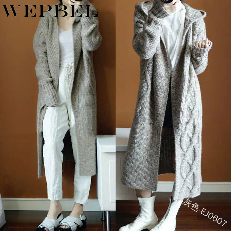 

WEPBEL Autumn Winter Casual Hooded Twist Long Cardigan Korean Thick Knitted Sweater Coat For Women New Solid Top