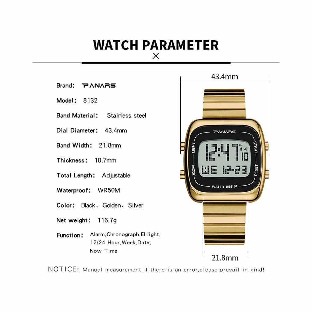 

PANARS Brand Men Watch Waterproof Daily Relogio Multi Function Metal Square Digital Wristwatch Men's Watches Horloge Heren 40*