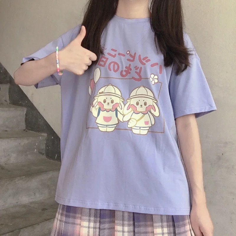 

HOUZHOU Kawaii Rabbit Print T-Shirts Women Plus Size 3xl 2021 Summer Purple Top Mujer Cartoon Alt Clothes Aesthetic Cute E Girl