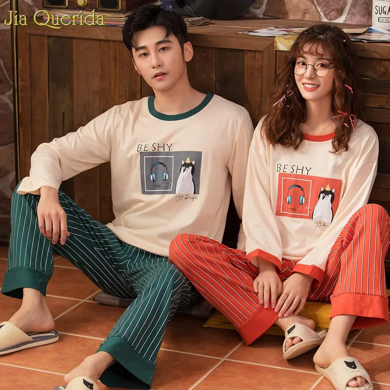 Пижамы для пар хлопковое нижнее белье комплекты сна с длинным рукавом топ