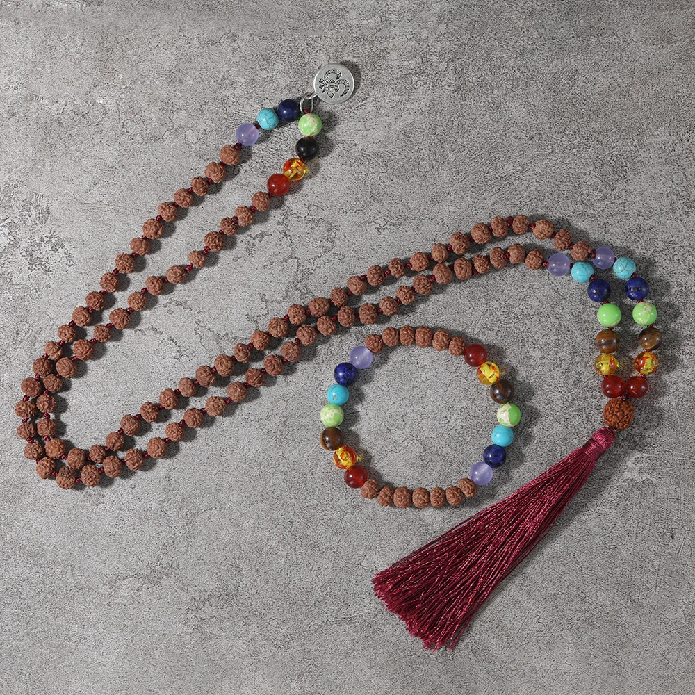 

OAIITE 7 Chakra Natural Stone Rudraksha Beads Necklace Beacelet 108 Bodhi Seed Knotted Necklaces With OM Symbol Yoga Jewelry Set