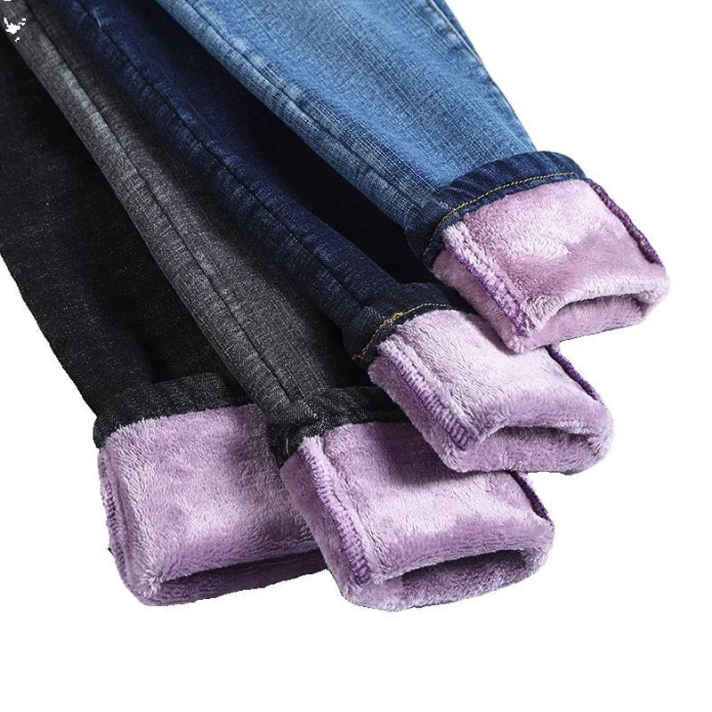 

High Waist Pencil Pants Women Jeans Fleece Lined Slim Fit Winter Warm Trousers Female Velvet Warm Jeans