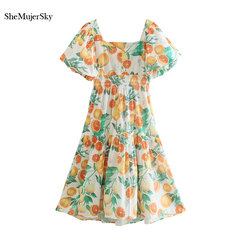 

Женское платье-миди с принтом SheMujerSky, оранжевое платье-трапеция с короткими рукавами с буфами на рукавах и эластичной талией, модель 2021 года