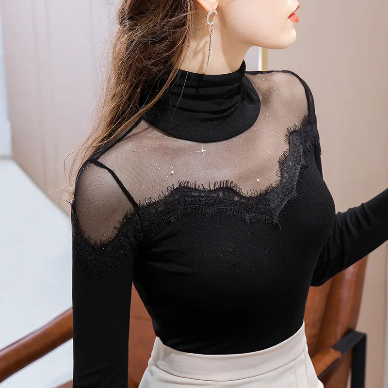 

Black high collar top for women in autumn and winter with long sleeve T-shirt mesh stitching eyelash lace design