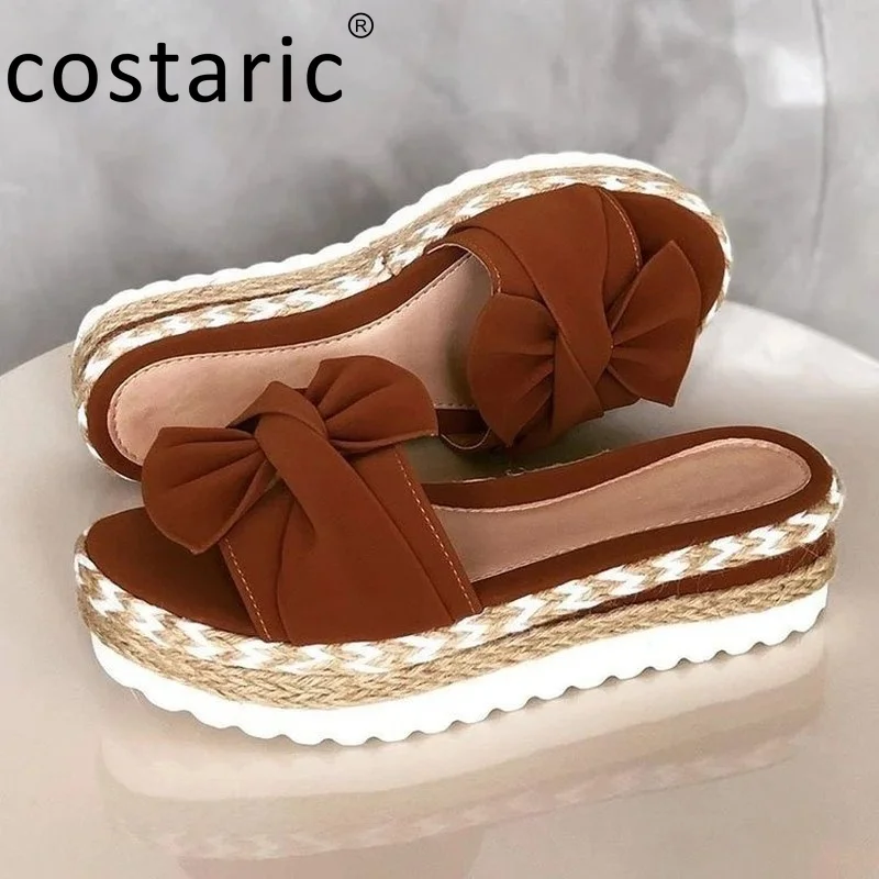 

Bow Platform Women Slippers Vintage Summer Shoes Women Hemp Rope Slides Women Peep Toe Slipper Outdoor Cloth Solid Slippers