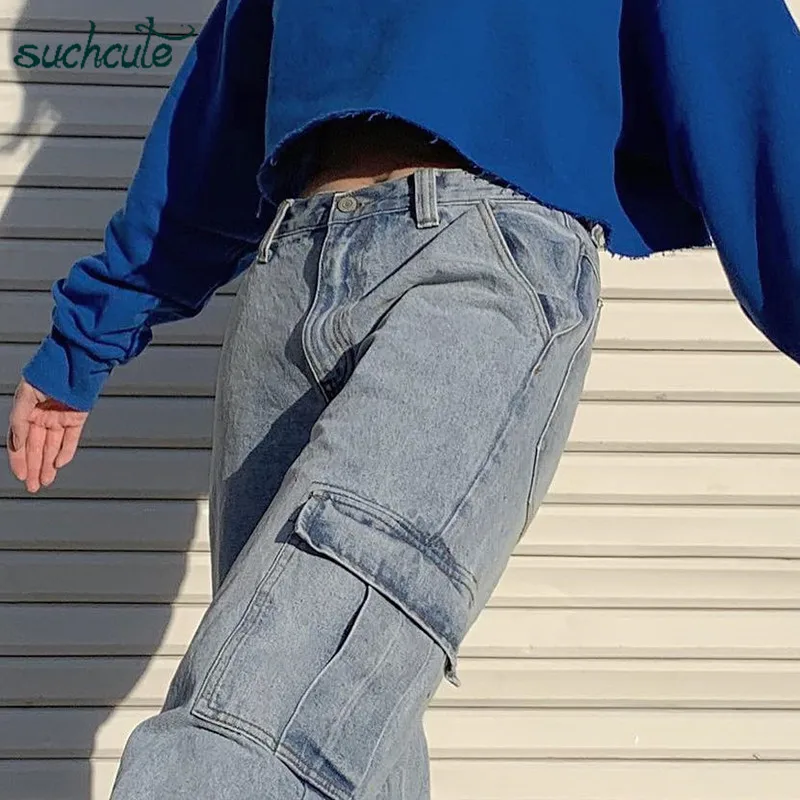SUCHCUTE Pockage женские джинсы в клетку, джинсовые штаны, широкие брюки в стиле панк, корейский стиль, Harajuku, женские штаны для бега, Harajuku, бриджи