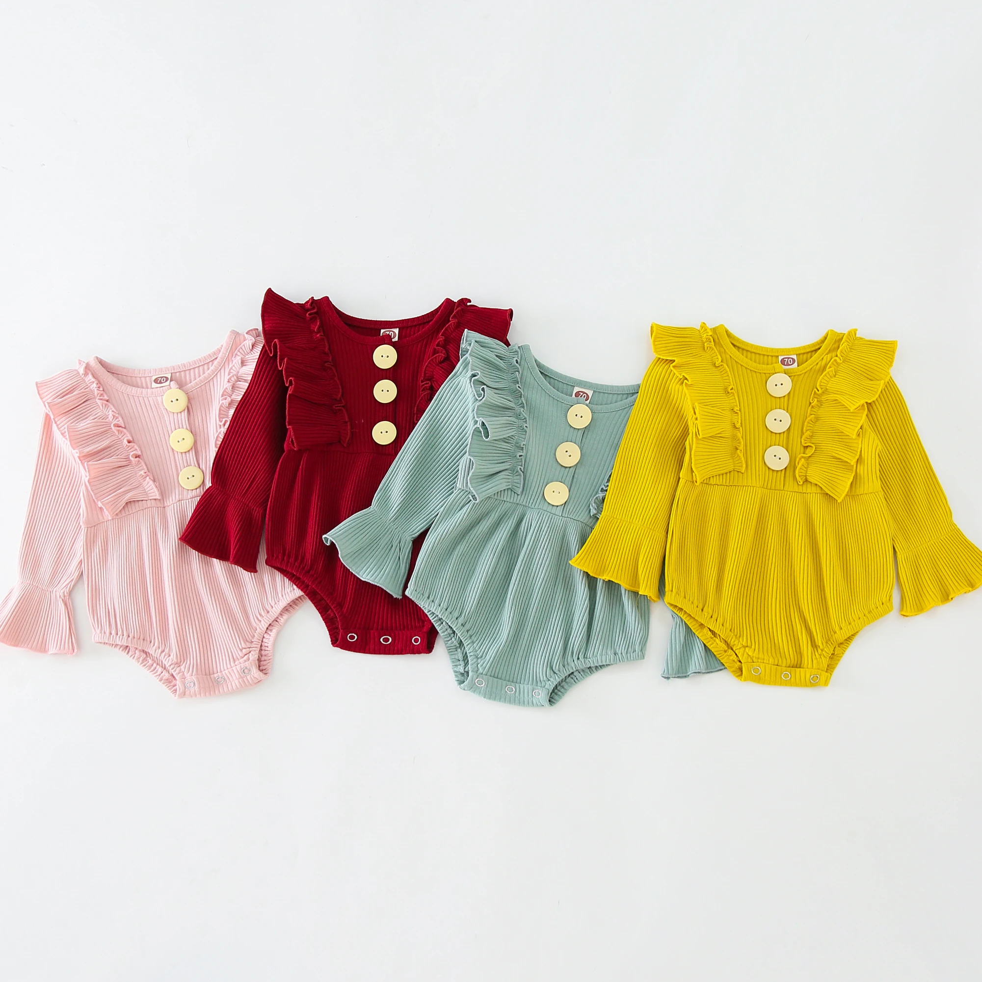 

Детское хлопковое боди с длинным рукавом, круглым вырезом и оборками