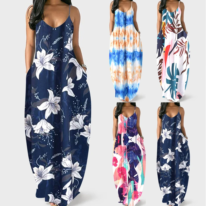 

Lily Print Long Maxi Dress Sleeveless Women Summer Sexy V-Neck Dark Blue Strappy Dress Open Back 2XL Vestido De Verano