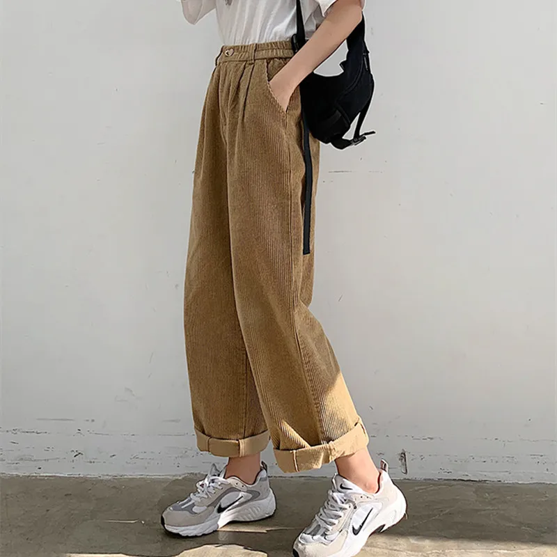 

Брюки женские вельветовые однотонные с завышенной талией, свободные тонкие прямые винтажные штаны с широкими штанинами в Корейском стиле, ...