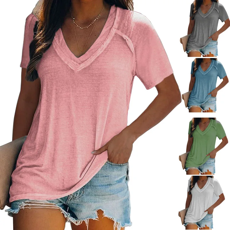 

2021 New Summer Loose Plus Size S-5xl Top V Neck Short Sleeve T-shirt Women T Shirt Women Tops Shirt