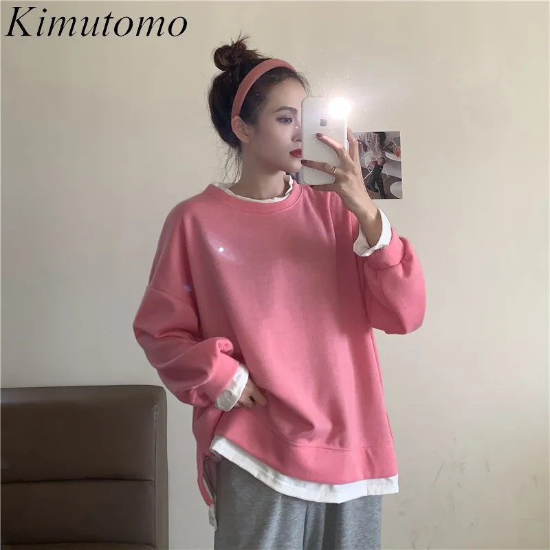 

Kimutomo, корейский женский Повседневный пуловер ранней осени 2021 года, однотонный, имитация двух частей, с длинным рукавом, свободный тонкий, ун...