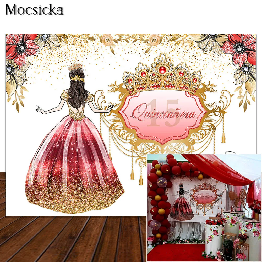 

Quinceañera 15th Birthday Backdrop Princess Girl Mexico Fifteen Adult Birthday Party Banner Photography Background Crown Decor