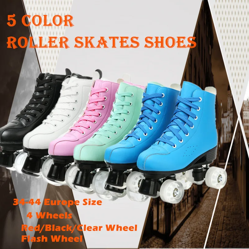 

Pu Leather Roller Skates Unisex Quad Roller Skates Double Line Skates Two Line Skating Shoes Patines PU Flash or no Flash Wheels