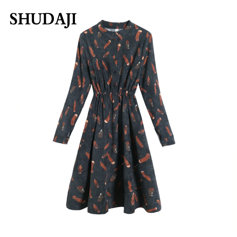 Весенне-осенние женские платья Sennu's новое вельветовое платье средней длины с