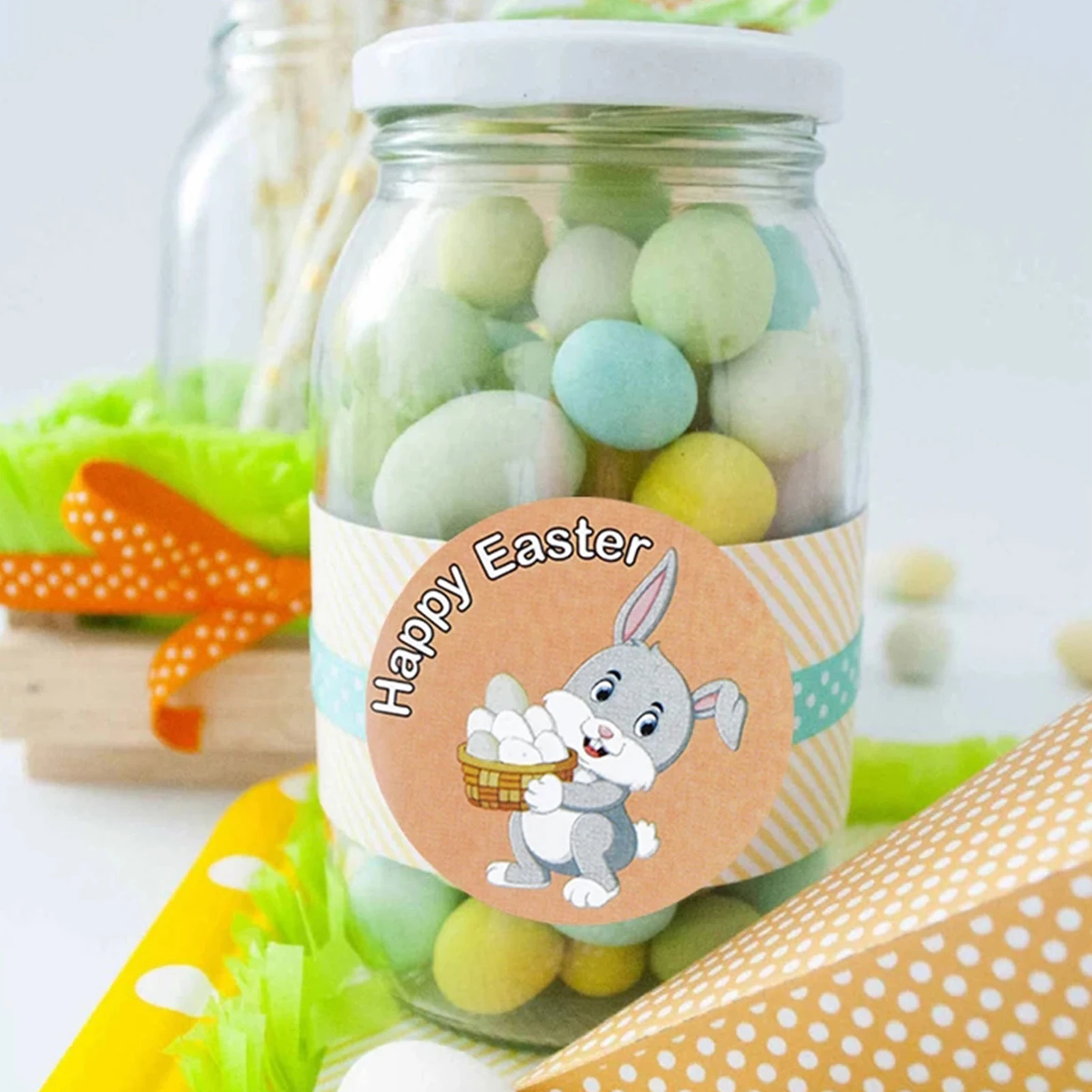 

500p 1.5inch Round Rabbit Bunny Happy Easter Stickers For Gift Bag Box Envelope Seal Label Sticker Easter Decor Handmade Sticker