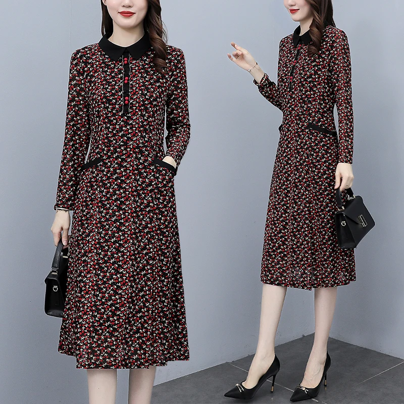 

Chiffon Loose Women Dresses New Fashion Casual Long Sleeve Dress A-LINE Knee-Length Floral Polo Collar Autumn