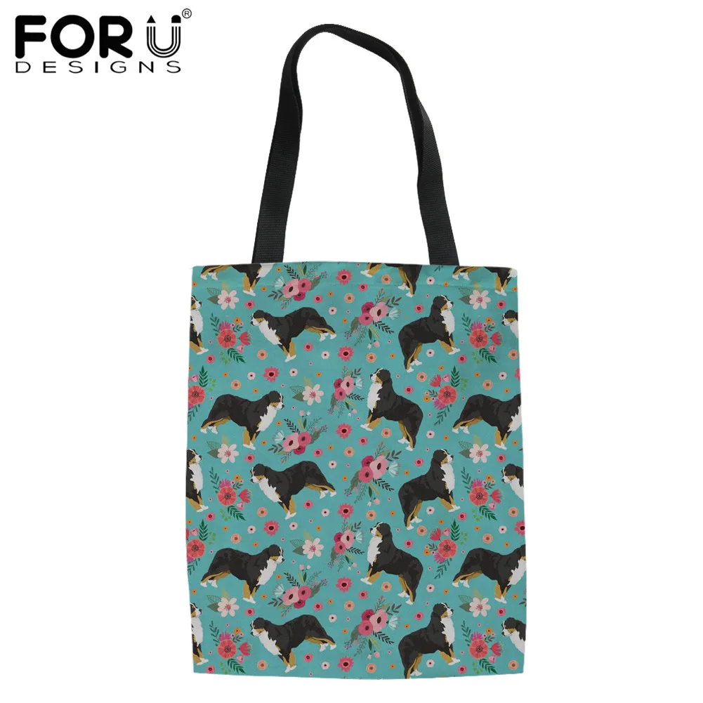 

Женская сумка через плечо FORUDESIGNS, Сумка с принтом Бернской горной собаки и цветов, портативная Холщовая Сумка, женская сумка для покупок из п...